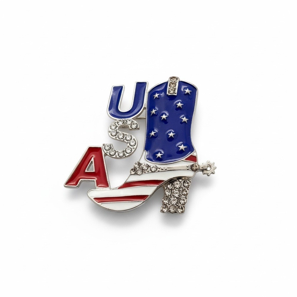 USA Cowboy Boot Brooch Pin Red White Blue Enamel Rhinestone Patriotic Western